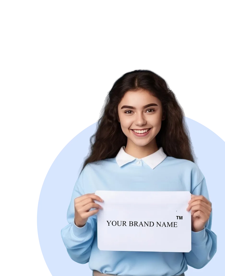 Client holding brand name sign